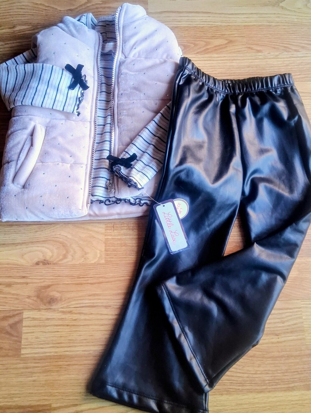 NWT  3 Piece  Faux Leather black Pants Top Puffy Vest With Sparkle Sz 4 5 6